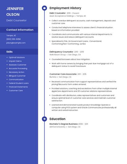 Debt Counselor Resume