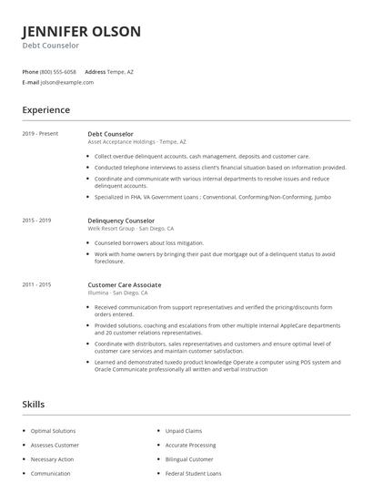 Debt Counselor Resume