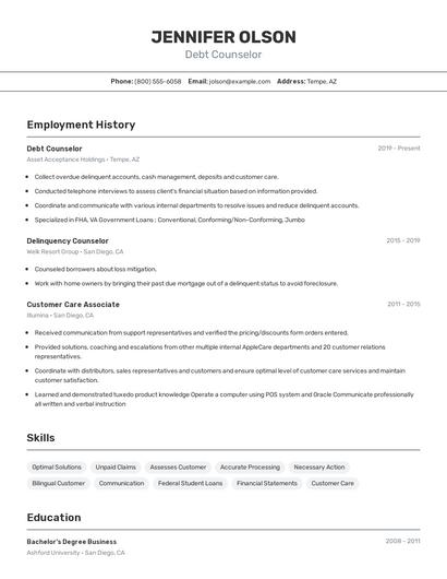 Debt Counselor Resume