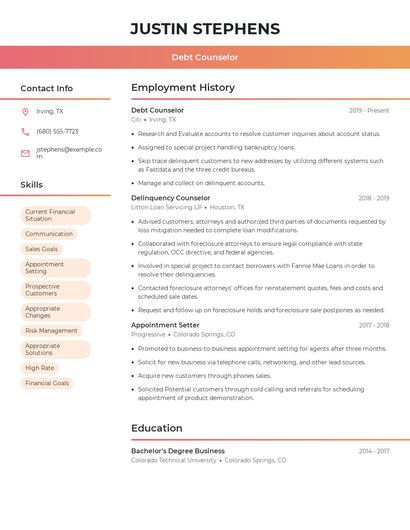 Debt Counselor Resume