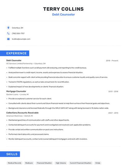 Debt Counselor Resume