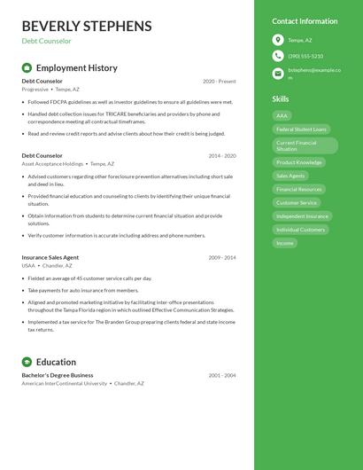 Debt Counselor Resume