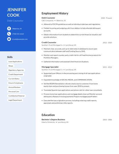 Debt Counselor Resume