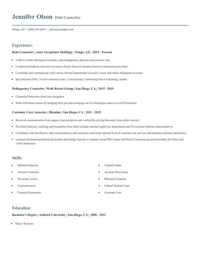 Debt Counselor Resume
