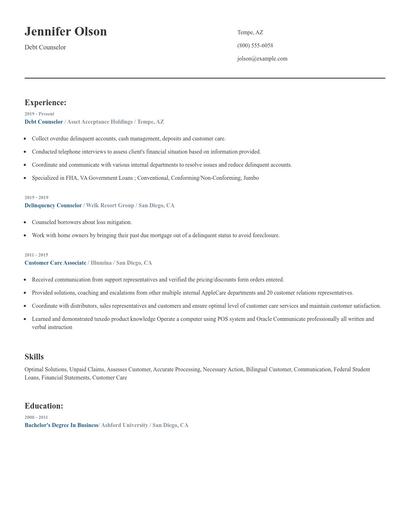 Debt Counselor Resume