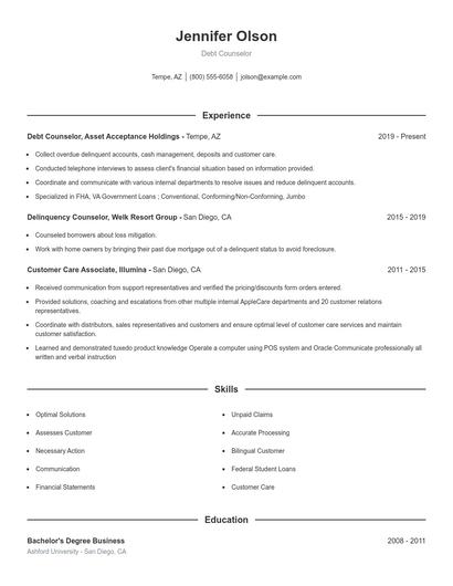 Debt Counselor Resume