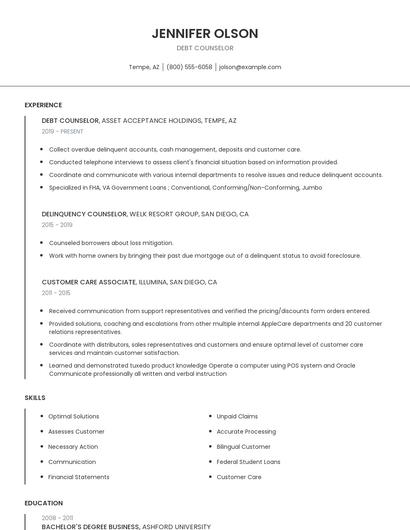 Debt Counselor Resume