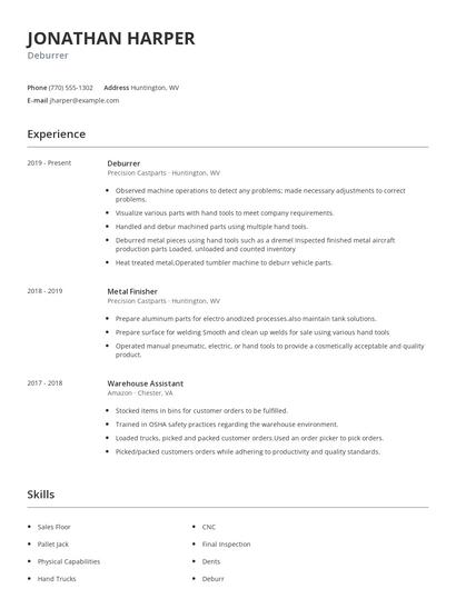 Deburrer Resume