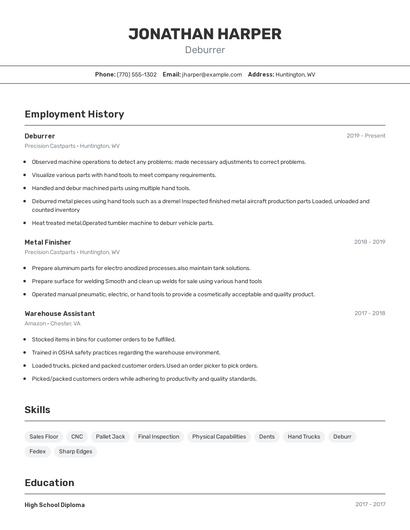 Deburrer Resume