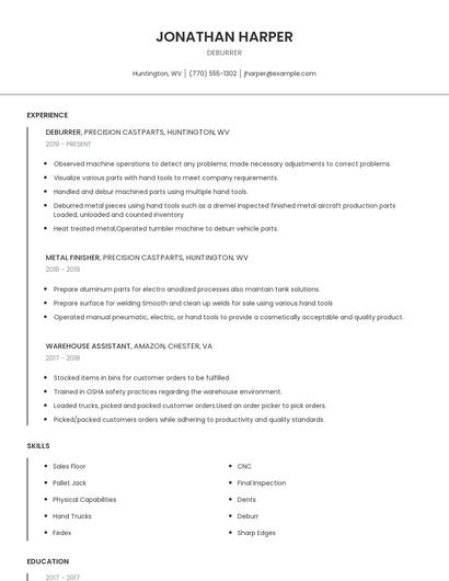 Deburrer Resume