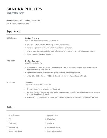 Decker Operator Resume
