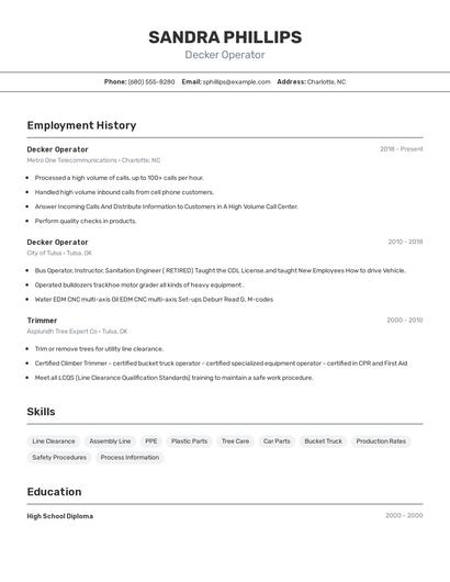 Decker Operator Resume