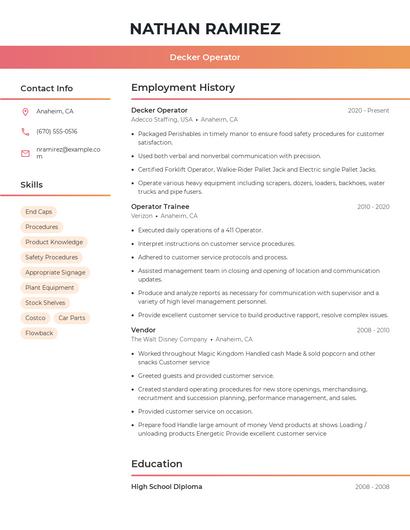 Decker Operator Resume