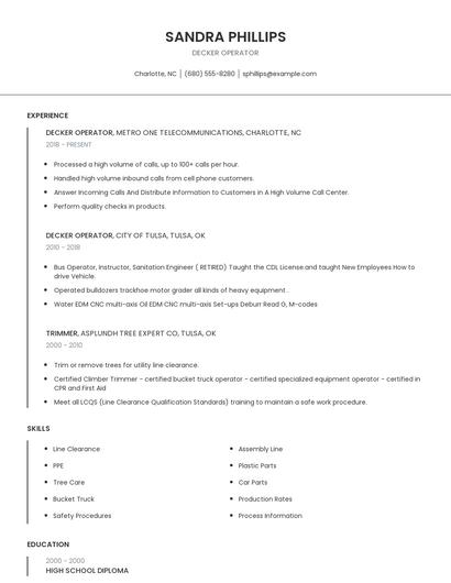 Decker Operator Resume