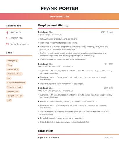 Deckhand Oiler Resume