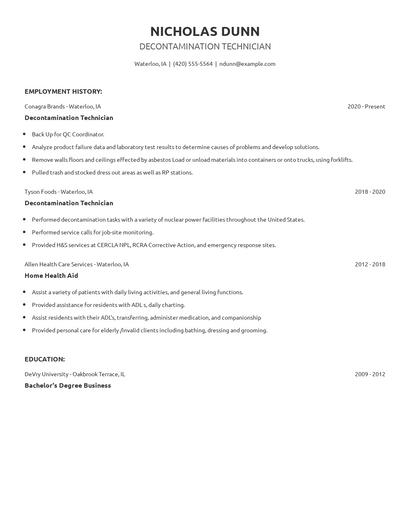 Decontamination Technician Resume