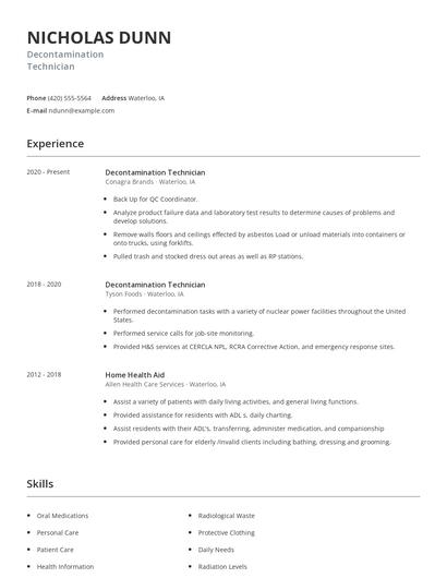 Decontamination Technician Resume