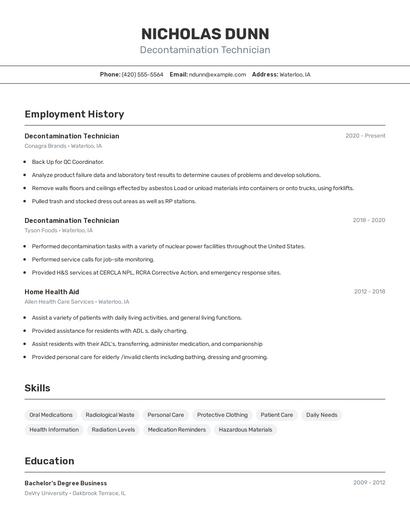 Decontamination Technician Resume
