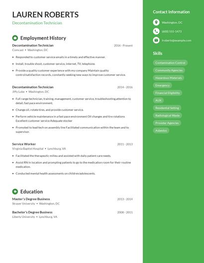 Decontamination Technician Resume