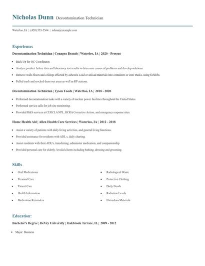 Decontamination Technician Resume