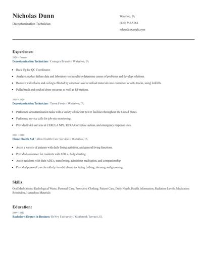 Decontamination Technician Resume