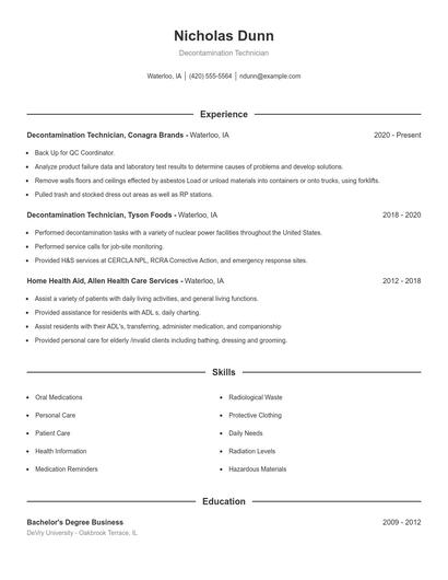 Decontamination Technician Resume