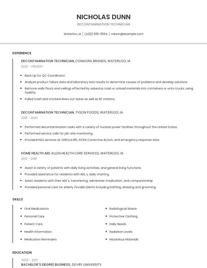 Decontamination Technician Resume