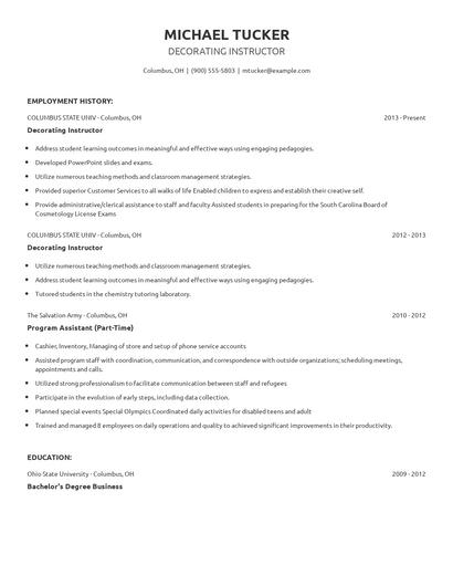 Decorating Instructor Resume