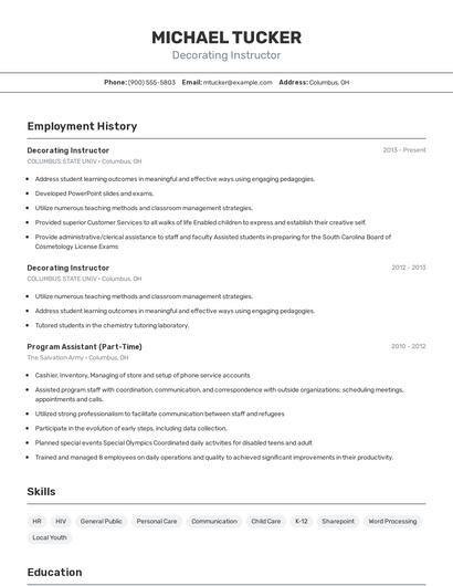 Decorating Instructor Resume