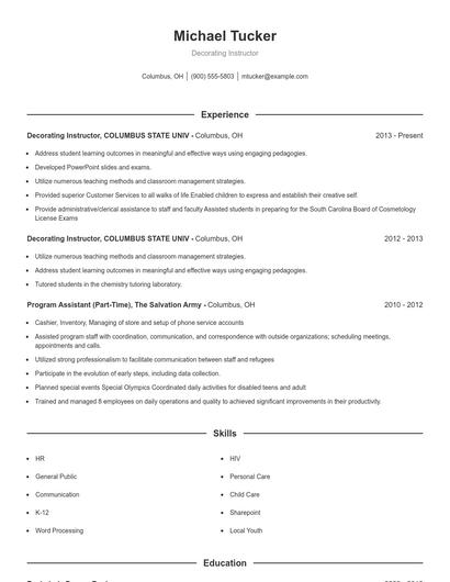 Decorating Instructor Resume