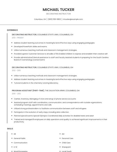 Decorating Instructor Resume