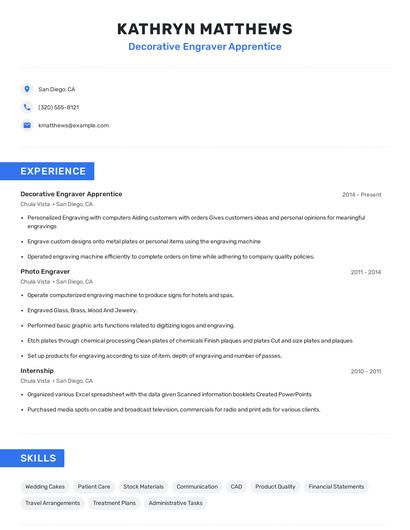 Decorative Engraver Apprentice Resume