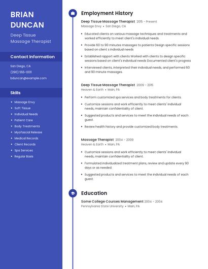 Deep Tissue Massage Therapist Resume