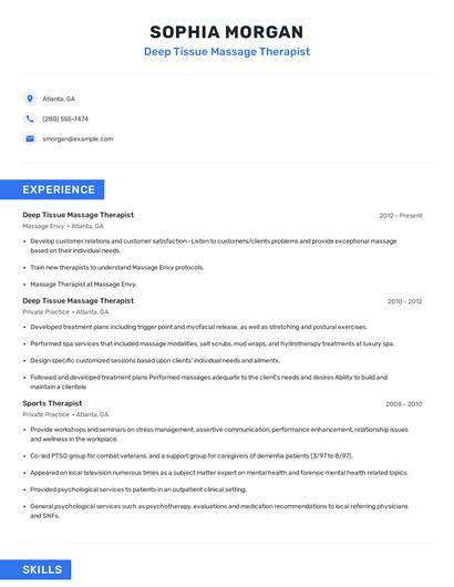 Deep Tissue Massage Therapist Resume