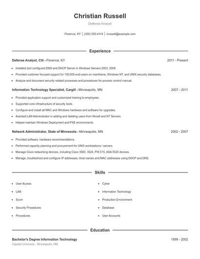 Defense Analyst Resume