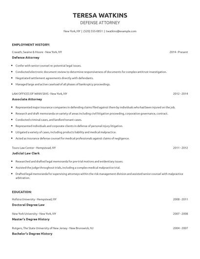 Defense Attorney Resume