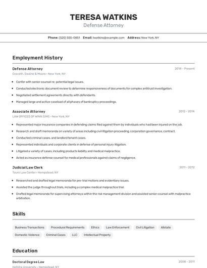 Defense Attorney Resume