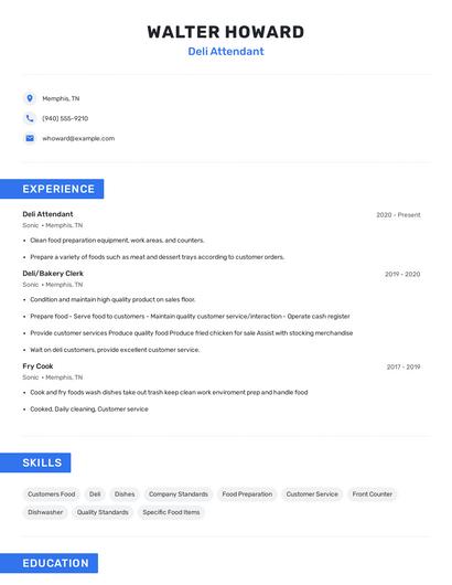 Deli Attendant Resume