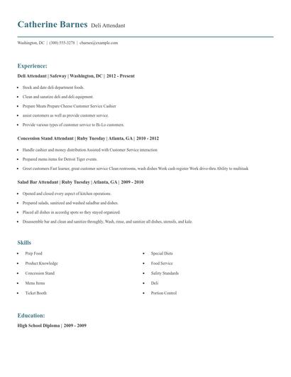 Deli Attendant Resume