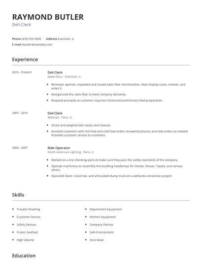 Deli Clerk Resume