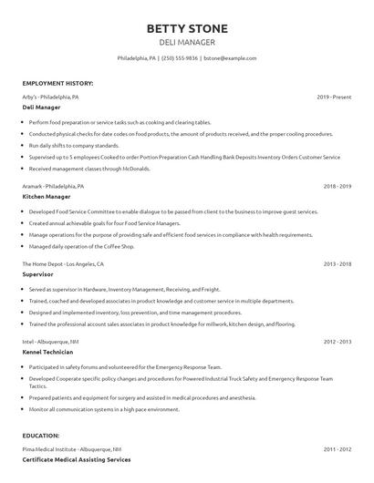 Deli Manager Resume