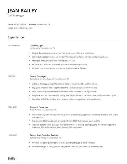 Deli Manager Resume