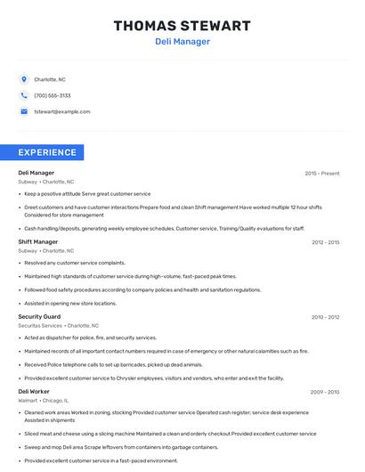 Deli Manager Resume