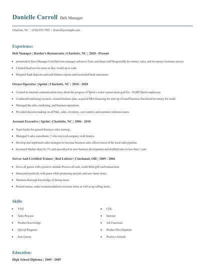 Deli Manager Resume