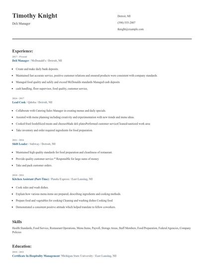 Deli Manager Resume