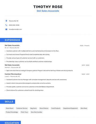 Deli Sales Associate Resume