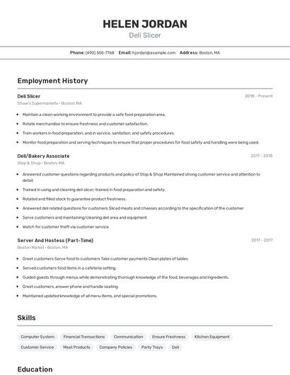 Deli Slicer Resume