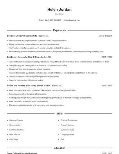 Deli Slicer Resume