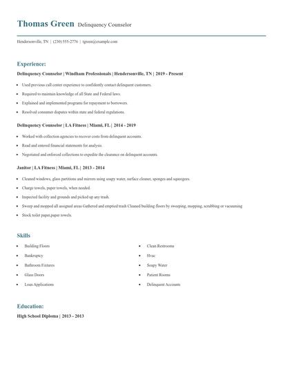 Delinquency Counselor Resume