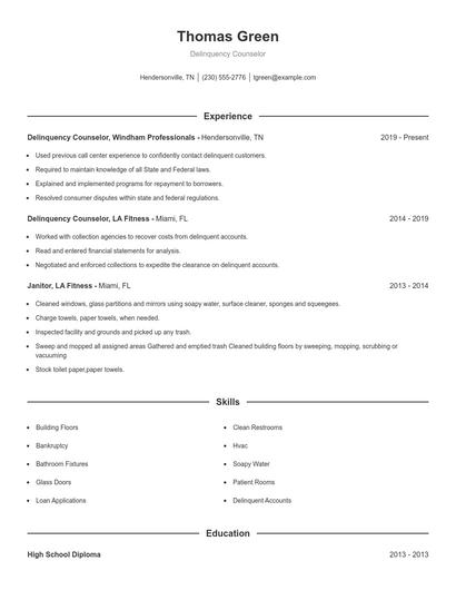 Delinquency Counselor Resume